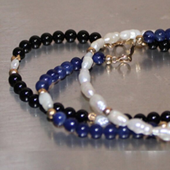 Three 14K Gemstone Bracelets (Onyx, Seed Pearls, Lapis, and Gold Beads) - Picture 4 of 11
